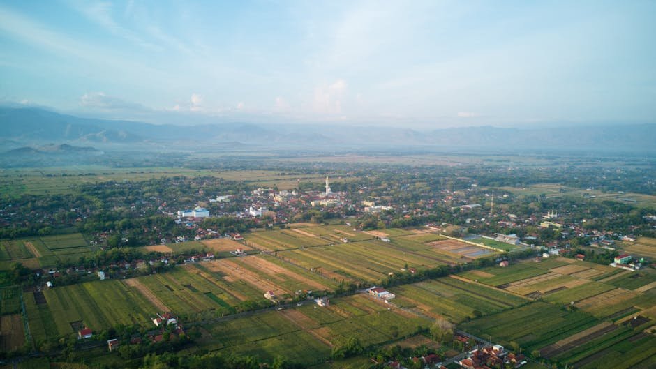 Scenic aerial view of lush green fields and village in Indonesia, with mountains in the background.